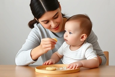 Parent supervising baby eating rice cracker
